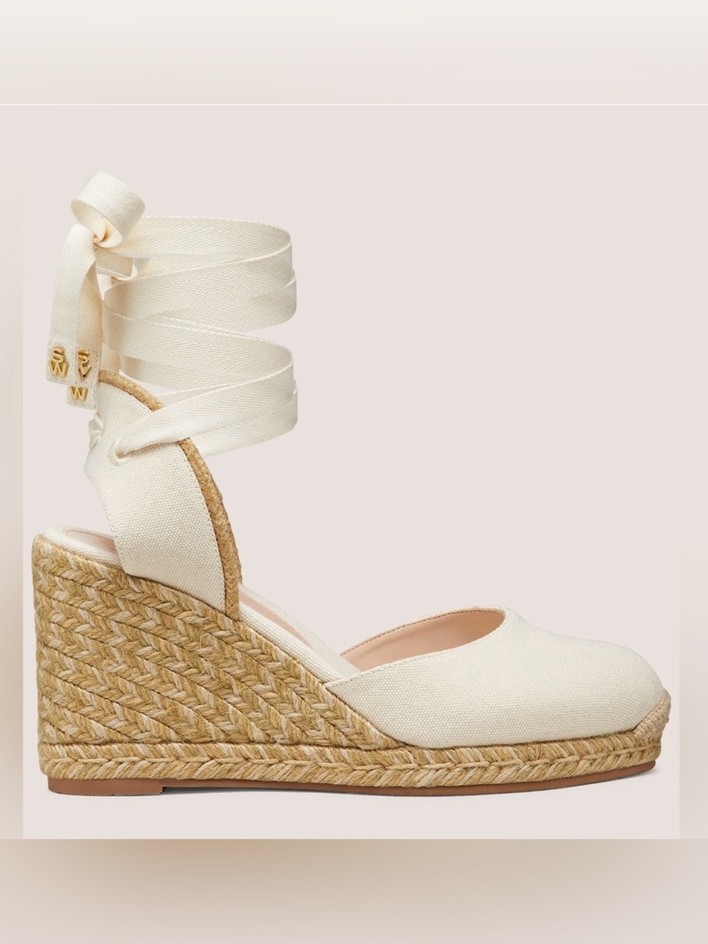 Stuart Weitzman Cream Canvas Espadrille Wedge with Wrap Ankle Ties NWOT